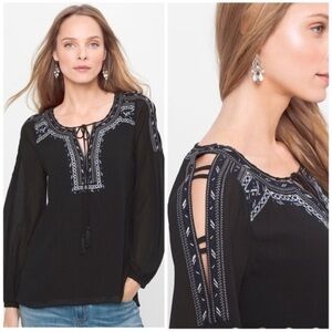 WHBM Tansy Embroidered Tie Neck Peasant Blouse w/ Shoulder Cutouts Size 4 Small